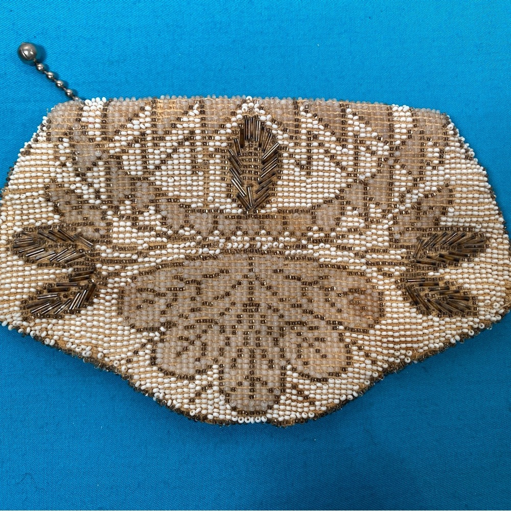 Artisan Beaded Clutch Purse Bag in Cream and Brown